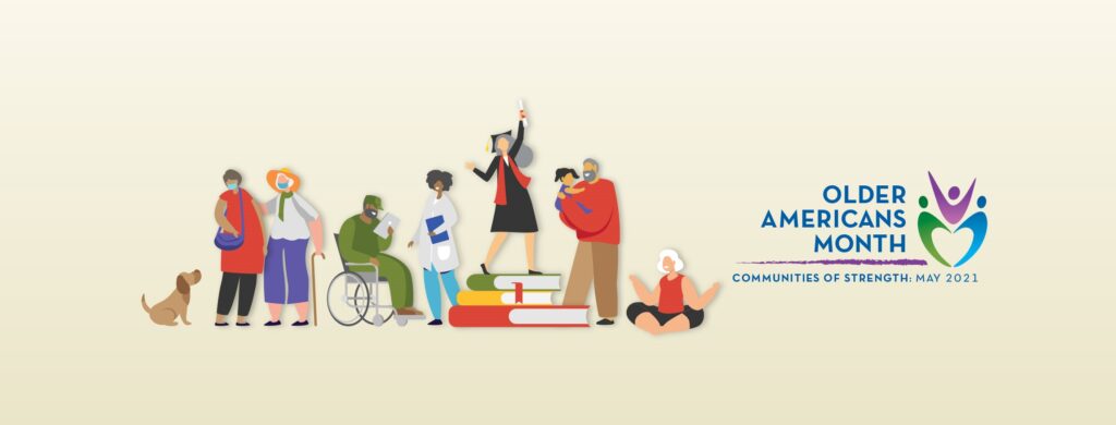 Graphic with active older people and Older Americans Month logo