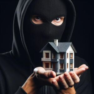 thief with mask holding a house in their hands
