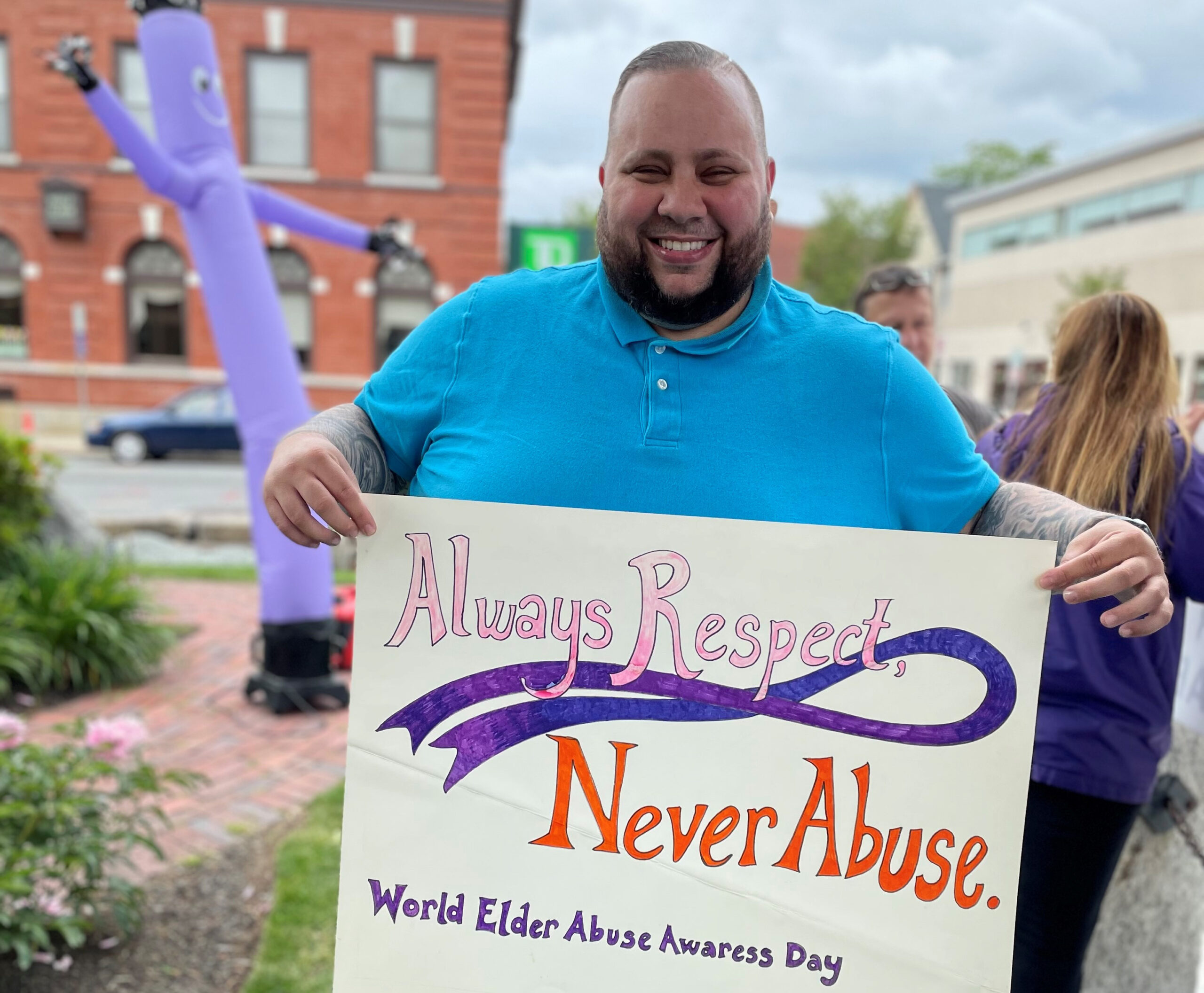Beverly Council on Aging Director Christopher Gomez-Farewell at the 2023 Elder Abuse Awareness Rally in Beverly