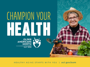 Older American Month poster with woman holding basket of garden vegetables