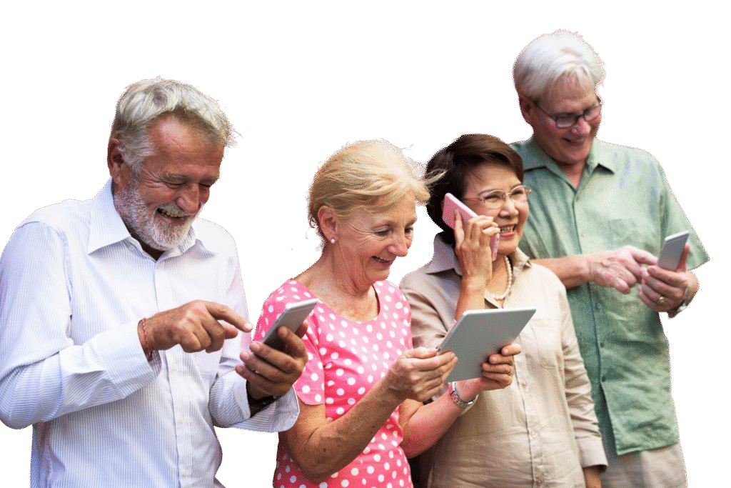 four older adults using a variety of cellphones