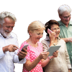 four older adults using a variety of cellphones