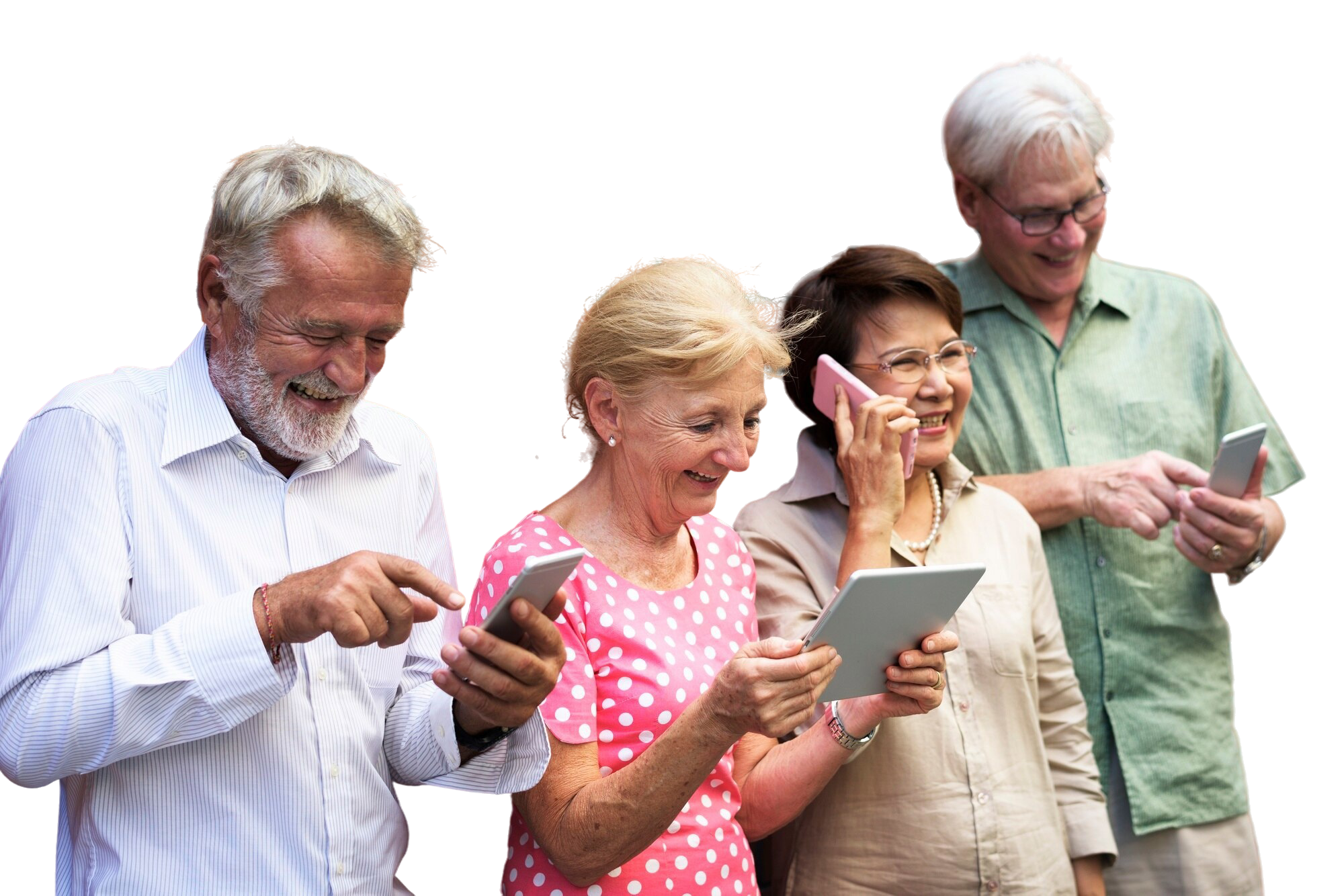 four older adults using a variety of cellphones