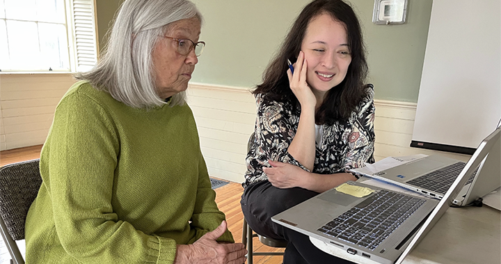 SeniorCare Technology Trainer Terry Weber Mangos works with Cynthia Johnson. The Tech Navigator program offers one-to-one and classroom training on a variety of technical skills.