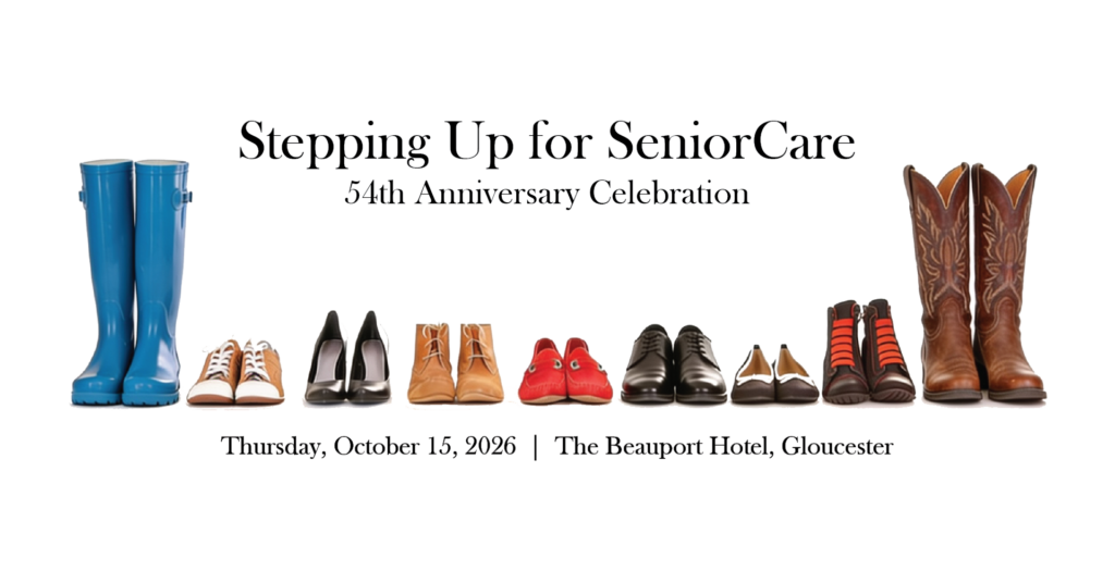 event banner with a row of different styles of shoes and words: Stepping Up for SeniorCare, 54th Anniversary Celebration, October 15, 2026, Beauport Hotel