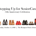 event banner with a row of different styles of shoes and words: Stepping Up for SeniorCare, 54th Anniversary Celebration, October 15, 2026, Beauport Hotel