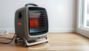 space heater on uncluttered wooden floor