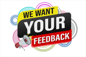 colorful "We need you feedback" graphic